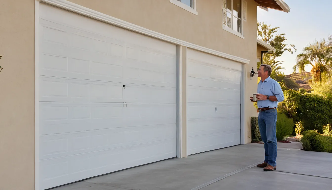 A tidy garage door on a stucco ranch home in American Canyon, with a provider checking the door